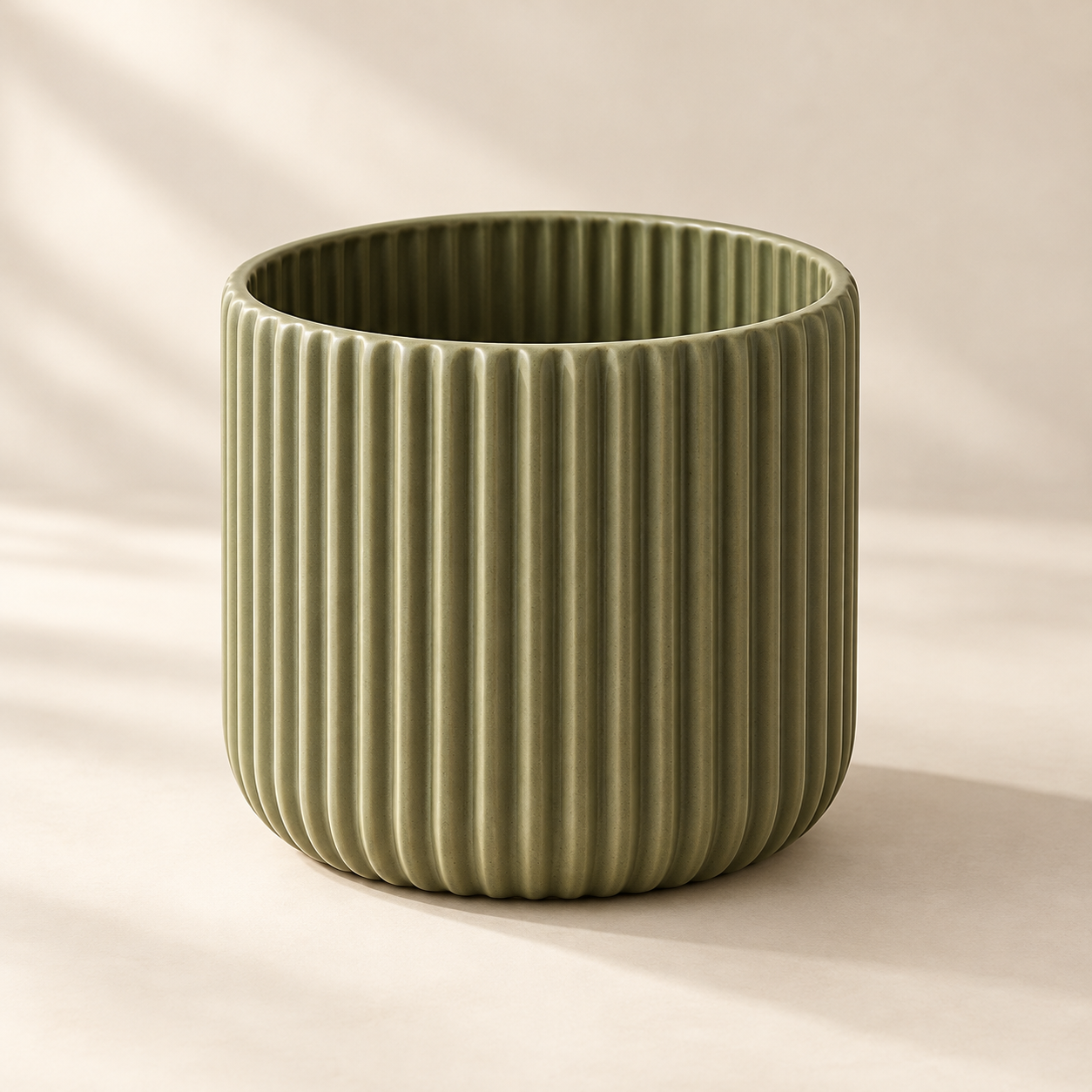 Round planter shown in olive; generated design visualisation