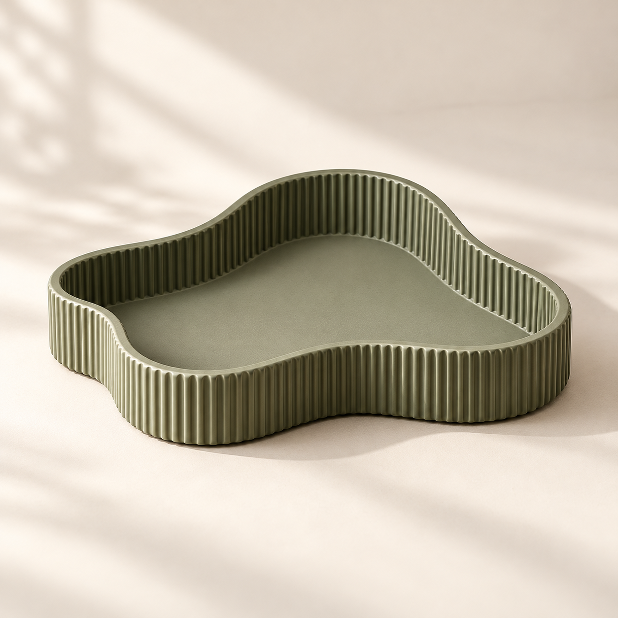 Soft-edge tray shown in olive; generated design visualisation